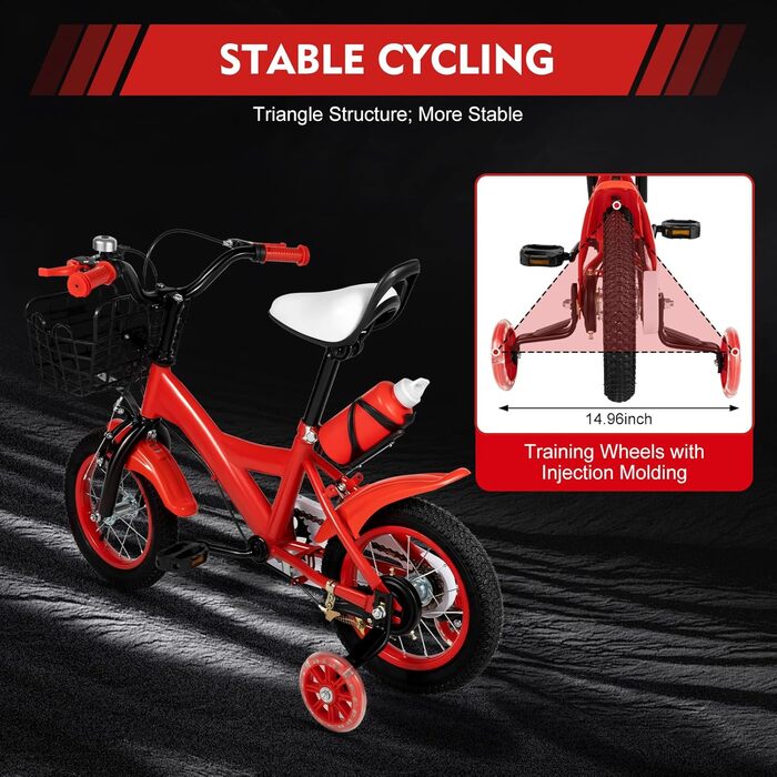 Дитячий велосипед 12 дюймів для дівчаток та підлітків, 3-6 років, з кошиком, червоний