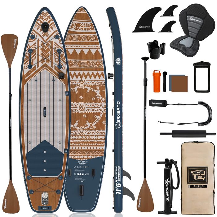 SUP дошка TIGERXBANG надувна 353x89x15 см, Tribal Imprint, широка та стабільна, для дорослих, сімейства та початківців, з повним комплектом, блакитна