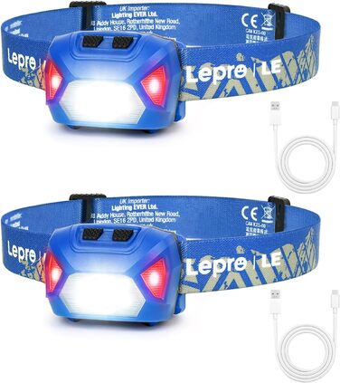 Лепро налобний ліхтар LED перезарядна, 000 люкс, супер яскравий, з червоним світлом та 6 режимами, IPX4 вологостійкий, для кемпінгу та бігу, шт. [з USB кабелем] (Синій, 2)