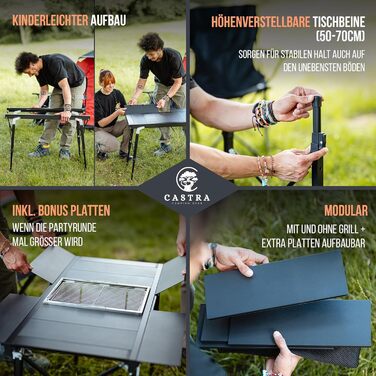 Преміум туристичний стіл Castra з інтегрованим грилем – алюміній 7075, регульована висота, для відпочинку на природі, вологостійкий, інноваційна складна система, багатофункціональний стіл та аксесуари для кемпінгу, саду, подорожей та риболовлі