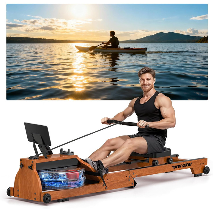 Гребний тренажер Wenoker для дому з дерева, складаний, з Bluetooth, комфортне сидіння, подвійні направляючі, до 150 кг, натуральний дуб