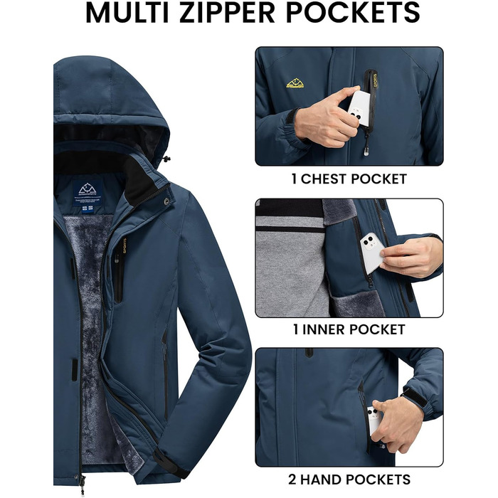 Куртка Rdruko для чоловіків: зимова, для сноуборду, тепла флісова, водонепроникна, функціональна, з капюшоном, біла (M, Denim Blue)