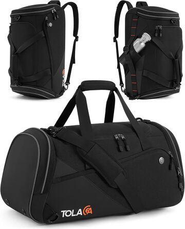 Спортивна сумка Tolaccea з відділенням для взуття та мокрого одягу, 47L, чорна. Ідеальна для фітнесу, тренувань, басейну та подорожей