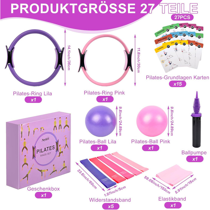 Набір для пілатесу для жінок - 27 частин: кільця 30см та 35см, м'яч, стрічки опору (10, 15, 25, 35, 45 lbs), інструкція, еластична стрічка. Пілатес вдома