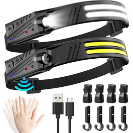 LED налобний ліхтар, 2 шт. 2000 люменів, перезарядна козячка з датчиком, IPX5, 1500mAh, для кемпінгу, бігу, походів