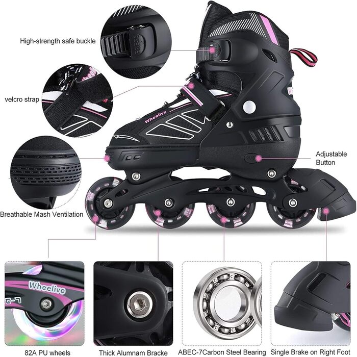 Інлайне ролики дитячі та підліткові регульовані з підсвічуванням коліс, ролики для хлопчиків та дівчаток, підходять для початківців та дорослих, чорно-рожевий, EU 39-42