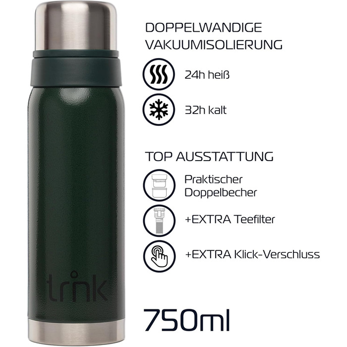Термос trnk Outdoor polar 2, 750 мл, нержавіюча сталь, BPA-free, з 2 чашками, тримає тепло 24 години, підходить для посудомийної машини, зелений