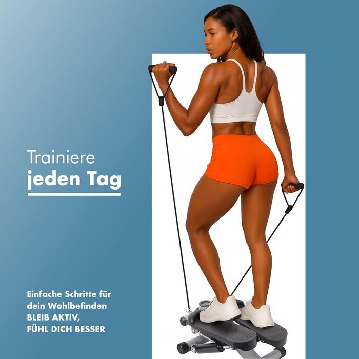 Міні степер PORTENTUM для дому з еластичними стрічками та LCD-дисплеєм - 5 функцій, Stairmaster 3-в-1 для ніг та рук, регульована інтенсивність, компактний фітнес-тренажер