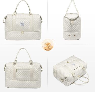 Спортивна сумка LOVEVOOK для жінок: велика дорожня сумка-мішок з косметичкою, відділенням для взуття та мокрих речей. Ідеальна для подорожей, клініки, пологів, вихідних. Водостійка сумка ручної поклажі для літака. 2 шт. Бежевий колір.