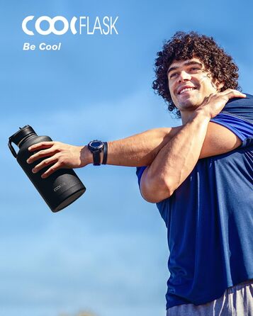 Ізольована пляшка для води Coolflask 2L з трубочкою та 3 кришками, з нержавіючої сталі, для спорту та офісу, подвійне вакуумне покриття, чорна, 2000 мл