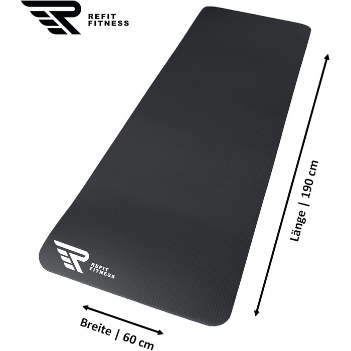 REFIT FITNESS Гімнастичний килимок 190x60 см, NBR, антиковзкий, для йоги, пілатесу, спорту, 10-15 мм, з ременем і чохлом