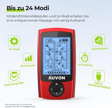 AUVON TENS пристрій для зняття болю: реінотерапія з 24 програмами, 2 канали, 12 електродів, EVA-сумка