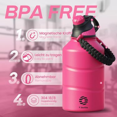 Fjbottle пляшка для води з нержавіючої сталі 1900 мл, спортивна термобутилка з магнітною кришкою, BPA-free, герметична, для газованої води, спортзалу, школи, фітнесу