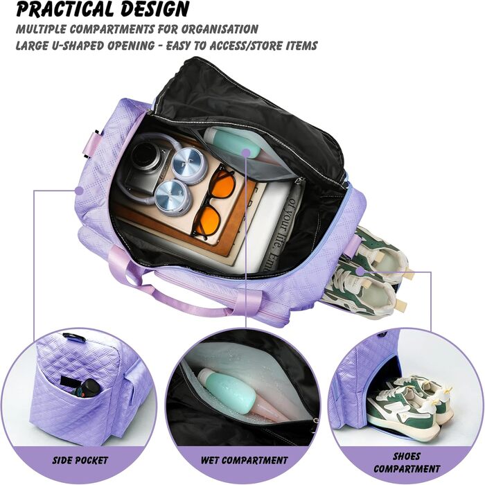 Спортивна сумка для жінок та чоловіків з відділенням для взуття та вологих речей, водонепроникна сумка для подорожей, йоги, фітнесу та плавання, колір: фіолетовий