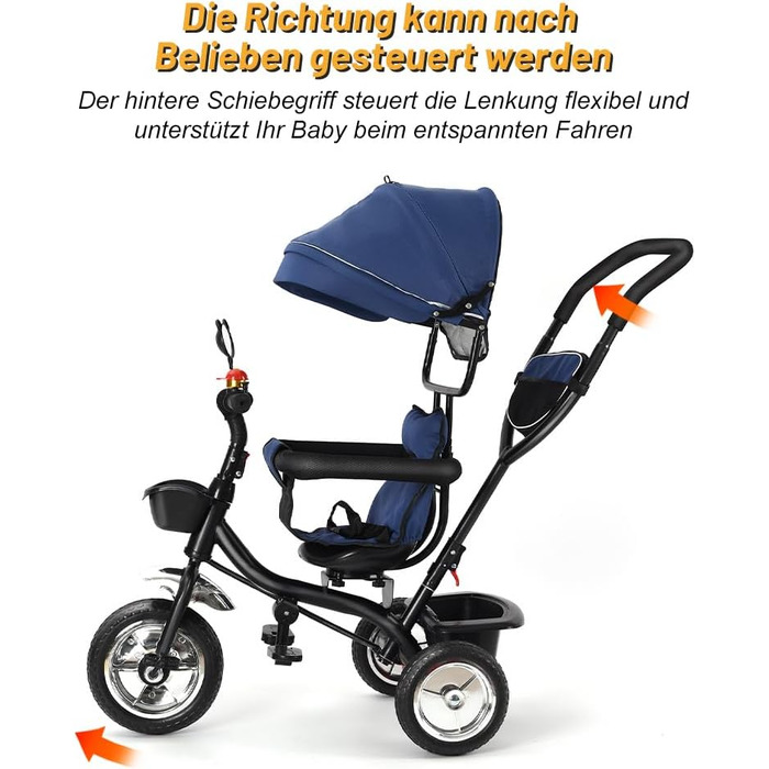 Триколісний велосипед 4 в 1 для дітей від 1 року з батьківською ручкою – дитячий триколіс для 1-4 роки до 25 кг, регульована батьківська ручка, поворотне сидіння, складна тентова система та кошик – компактний та безпечний (Темно-синій)