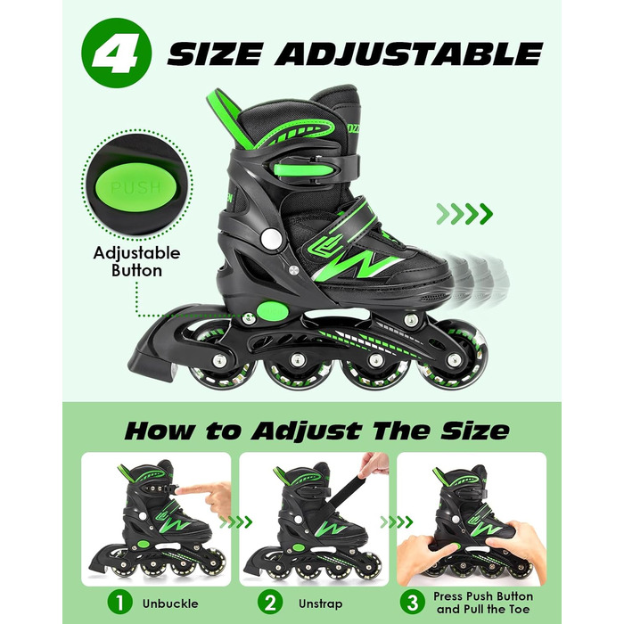 Роликові ковзани Hozzen для дітей, регульовані, ролики для дівчаток та хлопчиків, ролики з колесами, що світяться в темряві, ролики для використання в приміщенні та на вулиці, чорно-зелені