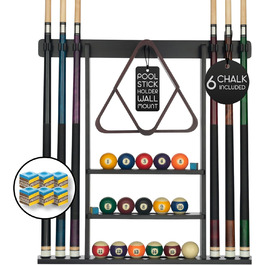 Тримач для кия для більярду Pool-Queue-Regal з 16 тримачами для куль та 6 шт. крейди, чорний
