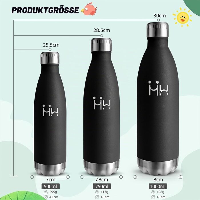 Термопляшка HoneyHolly з нержавіючої сталі 500 мл, чорна — герметична спортивна пляшка для води та напоїв, без BPA, для фітнесу, залу та велосипеда