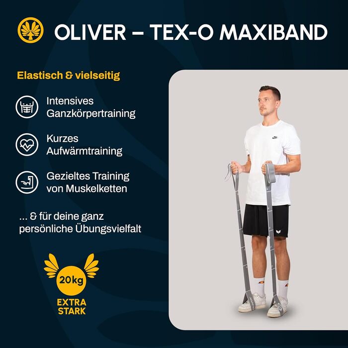 Еластична фітнес-стрічка Oliver Tex-O Maxiband 118 см з 8 петлями, для тренувань, реабілітації, йоги, прана, посилена, різні рівні жорсткості, можна прати