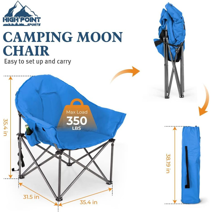 Крісло для кемпінгу High Point Sports Moon Chair XXL, розкладне, блакитне, до 150 кг