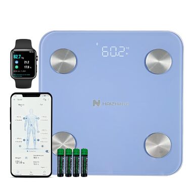 Вага Fitdays для тіла з аналізом складу, Bluetooth, 180 кг, аналіз жиру, BMI, м'язи, білок, BMR, блакитна