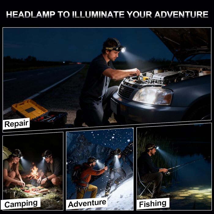 Ліхтар на лоб Spardar 120000 люменів, акумулятор 9000 mAh, регульований, 7 режимів, IPX7, для кемпінгу, полювання та бігу (білий/жовтий)