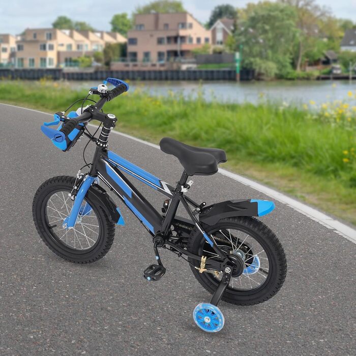 Дитяче велосипед 14 дюймів для хлопчиків та дівчаток з додатковими колесами та пляшкою для води, від 3 років, з двома гальмами, регульоване по висоті, міцний та стабільний