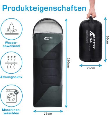 Сплячий мішок Active Era Premium Mumienschlafsack 250 GSM, зимовий та літній, 0°C - 15°C, для кемпінгу, фестивалів, подорожей, водонепроникний, ультралегкий, компактний, чорний