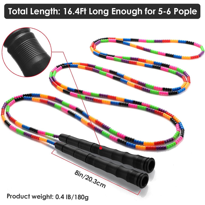 Довга скакалка Kingcolor Double Dutch 4,8 м, м'які намистини, регульована, для дітей і дорослих, для 5-6 осіб, 1 або 2 шт.