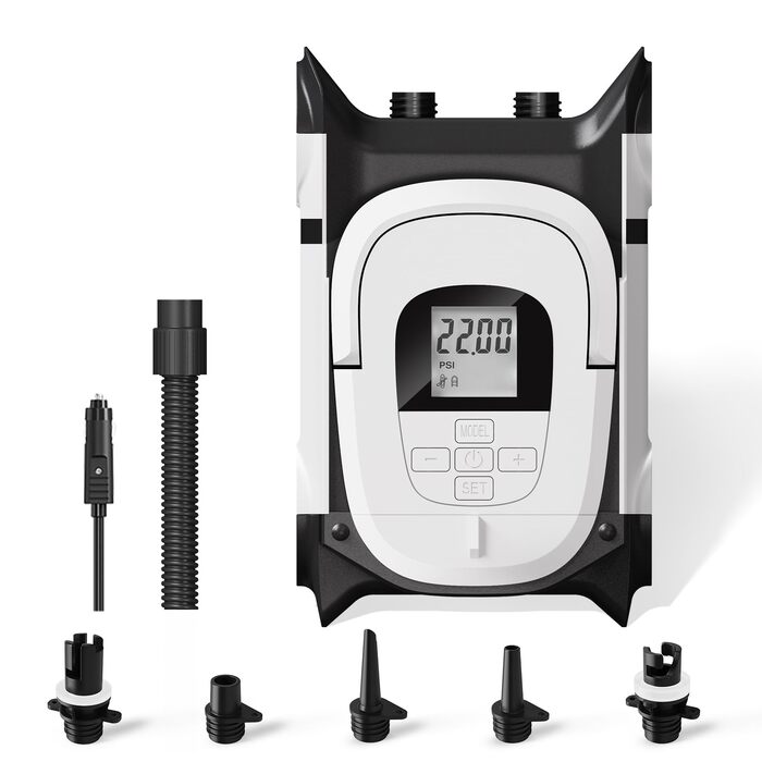 Електричний насос для SUP-дошки 12V DC 22 PSI двоступеневий з автостопом, інфлятор та дефлятор для надувних човнів та каяків, 5 насадок