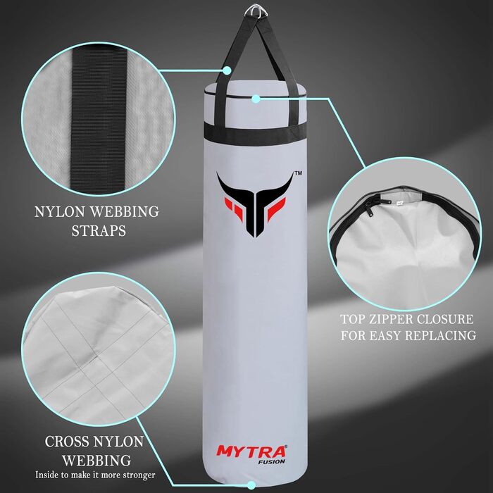 Боксерський мішок Mytra Fusion підвісний, порожній для боксу, MMA, Muay Thai, карате – 2 розміри, 152 см (білий)