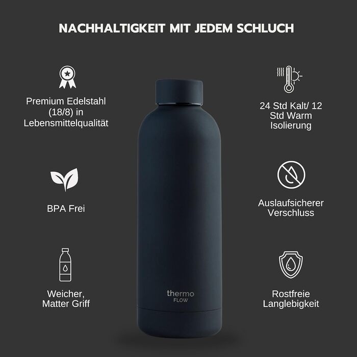 Термос-пляшка Thermo Flow з нержавіючої сталі 500 мл, чорна – BPA-free, ізольована, для води та газованих напоїв, не протікає, для дітей, школи та активного відпочинку