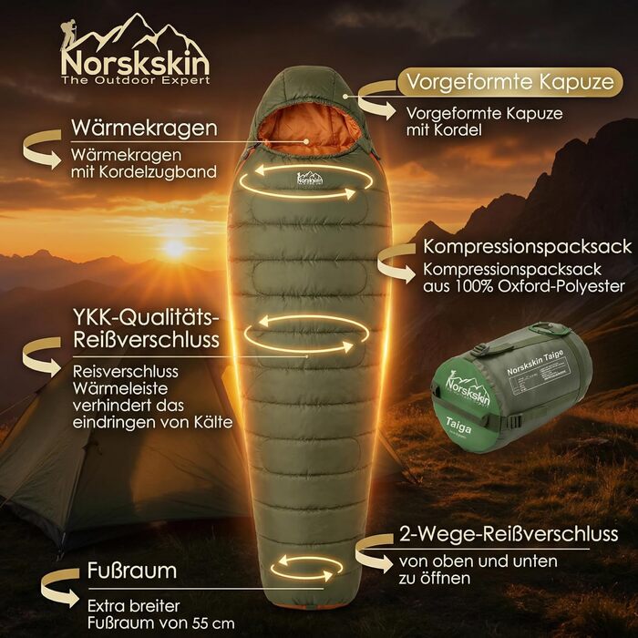 Спальник Norskskin 4 сезони (-23°C до 0°C) Extra Long - Водовідштовхувальний спальник-мумія з кишенею для подушки для туризму та кемпінгу