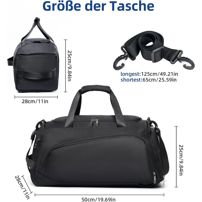 Спортивна сумка-рюкзак для чоловіків та жінок - містка дорожня/тренувальна сумка з відділенням для взуття та мокрих речей, 50 x 28 x 25 см, чорна