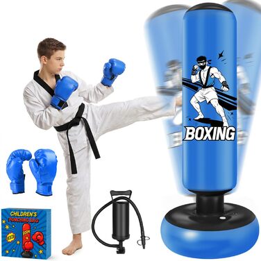 Боксерський мішок надувний для дітей 168 см з рукавичками та насосом, блакитний, з мотивом бійця, для дому, 5-12 років, для Karate та Taekwondo