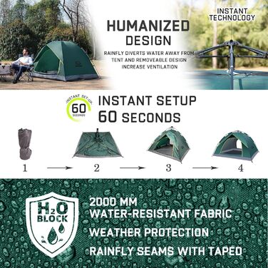 Намет для кемпінгу 2 особи, водонепроникний, Pop Up, для трекінгу та фестивалів | Іглу-намет 230x170x135cm | Захист від вітру та сонця, темно-зелений