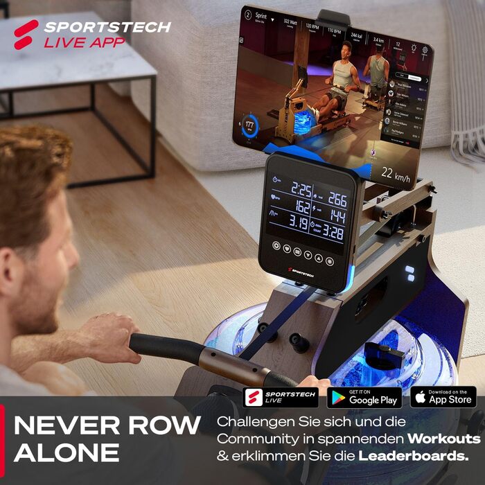 Sportstech WRX1000: Гребний тренажер з водяним опором для дому. Масивне дерево, LED-дисплей, підтримка додатків та планшета. Німецька якість.