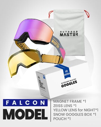 Лижна маска OutdoorMaster Falcon з лінзою ZEISS, OTG, магнітна змінна лінза, антифог, для сноуборду, чоловіків і жінок, фіолетова VLT 21% + жовта лінза