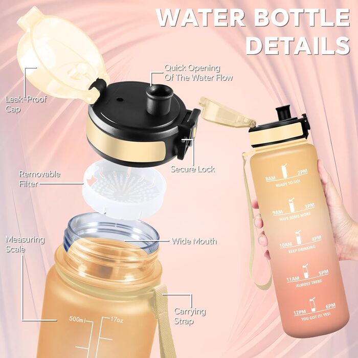 Спортивна пляшка для води 1 літр з міткою часу, витокозахисна, для велосипеда, школи, офісу, фітнесу (500 мл, бурштиново-помаранчевий)