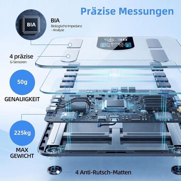 Розумні ваги для аналізу складу тіла з визначенням відсотка жиру, м'язової маси, BMI та вісцерального жиру, 25 показників, BIA-технологія, до 225 кг, чорні