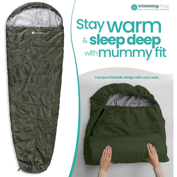 Спальний мішок Mumienschlafsack для дорослих - легкий, компактний, водонепроникний, з капюшоном, 220x85 см, теплий, придатний для прання, для кемпінгу, трекінгу, подорожей, зелений