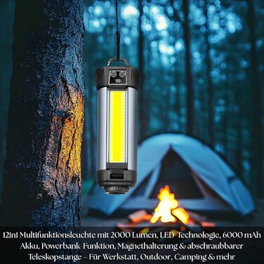 Багатофункціональний ліхтар 12 в 1 з LED, акумулятором, магнітом та телескопічною штангою: ліхтар для кемпінгу, ліхтарик, робочий ліхтар для майстерні, powerbank – для саду, відпочинку на природі та не тільки