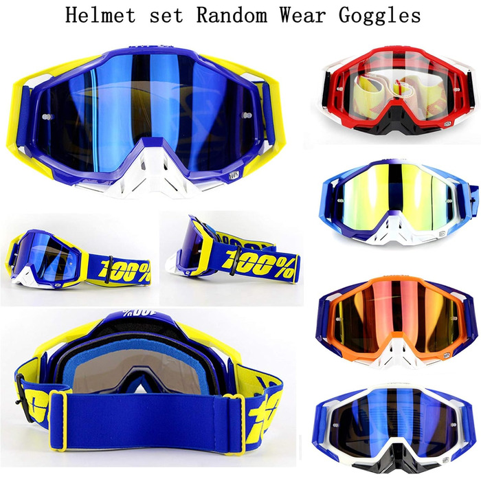 Мотошолом YASE Cross для мотокросу/ендуро/даунхілу, повний захист обличчя, з окулярами, для мопеда/ATV/MTB (чорний/синій/червоний, M (54-55 см))