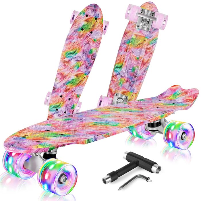 Скейтборд BELEEV 22 дюйми Mini Cruiser з LED-колесами та T-інструментом для початківців (графіті)