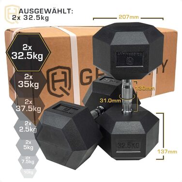 Гантелі HQ Germany® шестигранні 2x32.5 кг, набір для тренувань, точність ваги ±1,5%