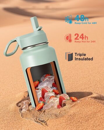 Coolflask Фляга-термос 1,2 л з соломкою, з нержавіючої сталі, 3 кришки, для спорту та офісу, зберігає холод до 48 годин, гаряче - до 24 годин, сіро-зелений колір