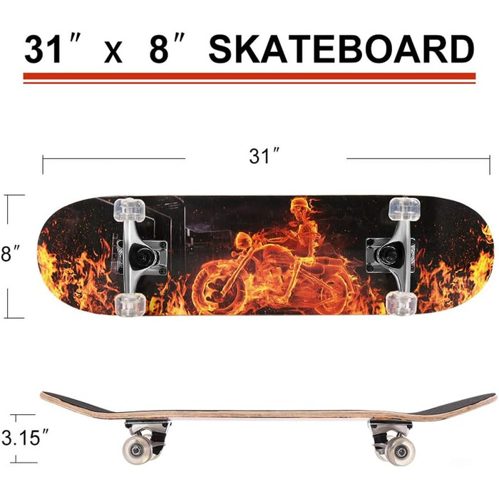 Скейтборд ChromeWheels 31 дюйм Double Kick Cruiser Longboard для дітей та початківців з кленовою декою 8 шарів (Feuer)