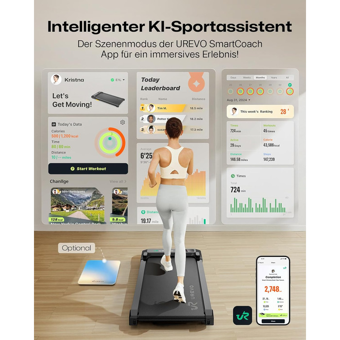 UREVO Smart Walking Pad: компактний біговий килимок під стіл з двома амортизаторами, додаток для фітнесу з відстеженням та режимом MIIT, керування пультом або додатком, чорний