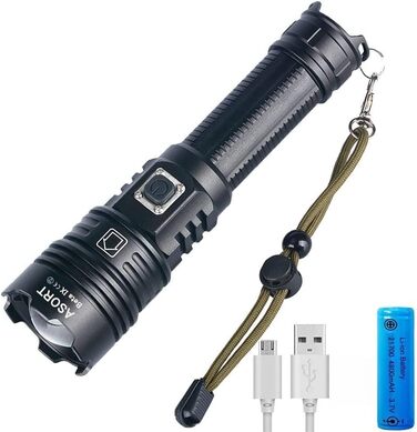 Потужний ліхтарик USB 990,000 Люмен, тактичний ліхтарик з зумом, водонепроникний IP67, 10 режимів, для дому, відпочинку, надзвичайних ситуацій, патрулювання, кемпінгу, з акумулятором (Beta Ix)