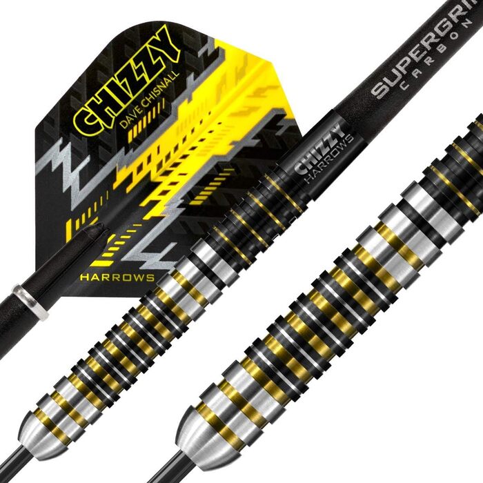 Професійні дротики Harrows Dave 'Chizzy' Chisnall 90% вольфрам, сталевий наконечник, 22 г, Supergrip Carbon, 100 мкм Chizzy Flights